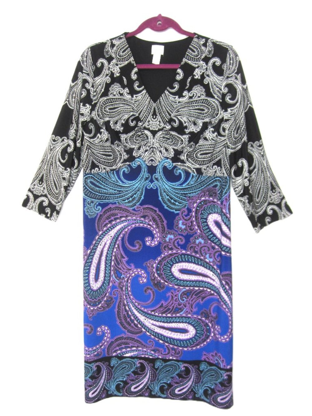 Chicos Size 2 US 12 Knit Dress Knee Length Paisley Purple Black White 3/4 Sleeve